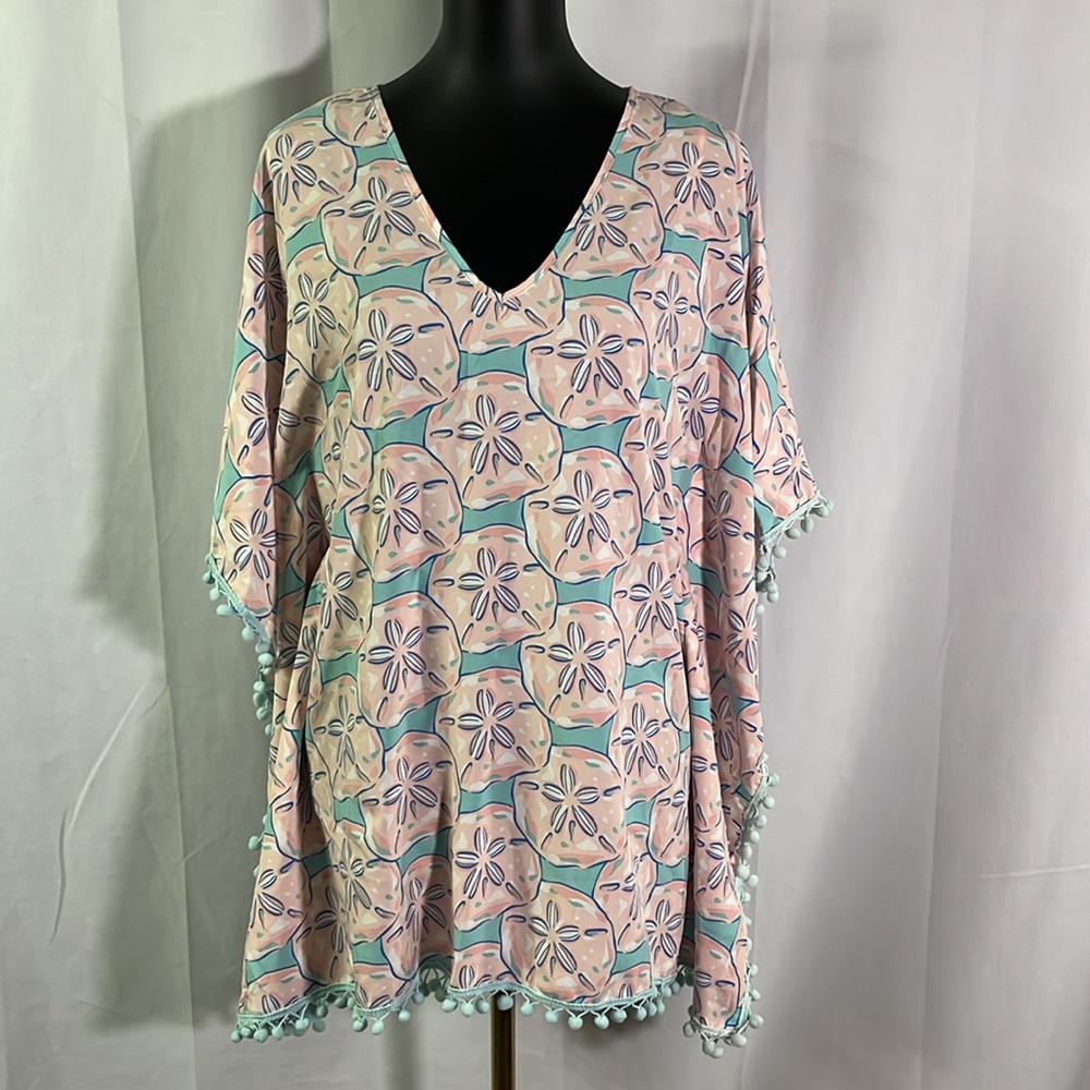NWT Simply Southern Pale Pink & Blue Sand Dollar Print Pom Pom Swim Coverup